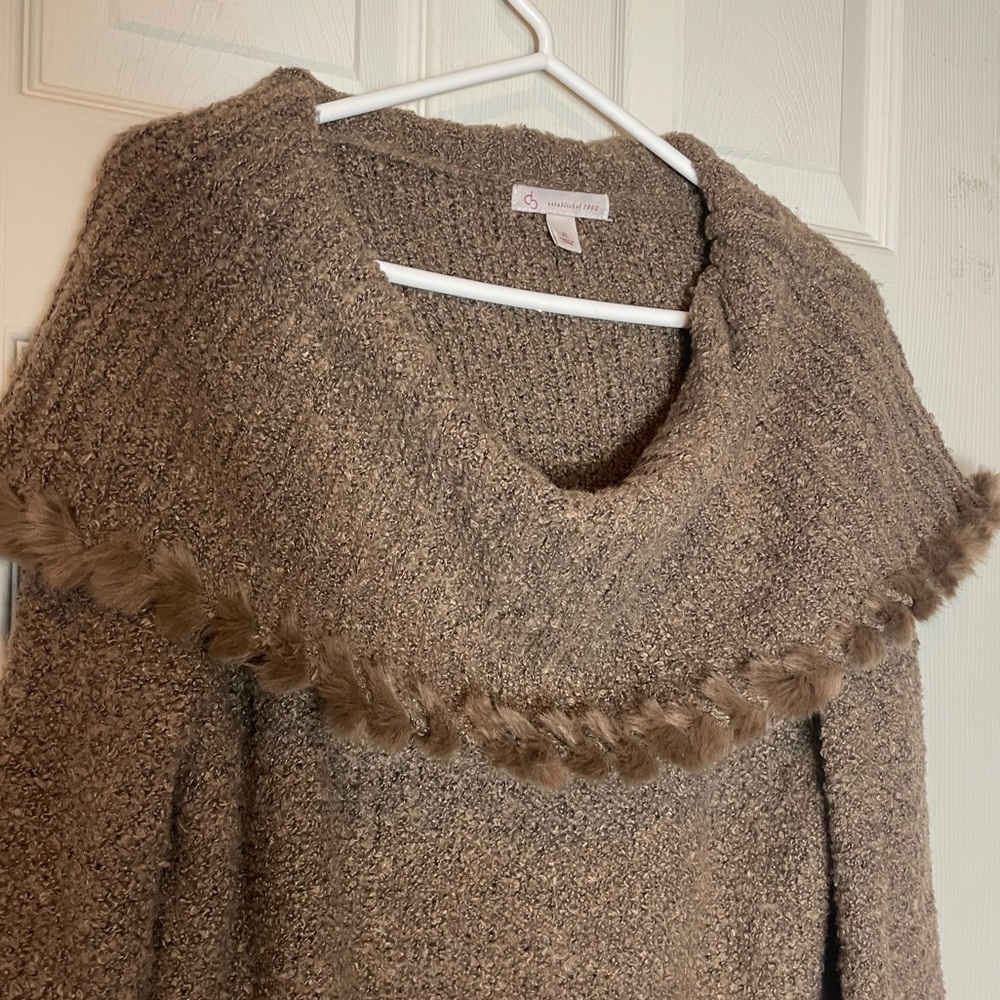 DB XL turtleneck sweater brown womens fur trimming euc - Picture 2 of 8